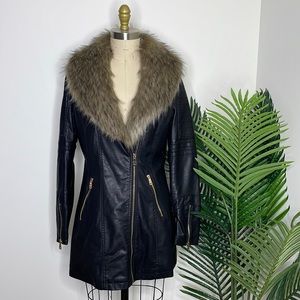Faux Leather Jacket with Detachable Faux Fur